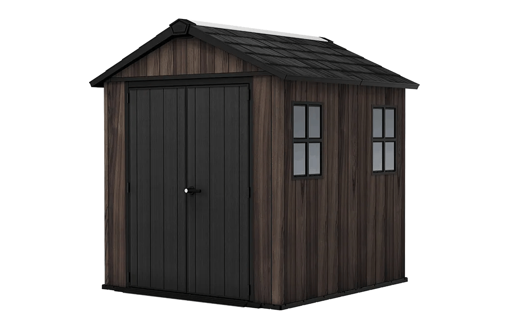Keter Apex Gerätehaus 7,5x7, Kunststoff Geräteschuppen Mit Oberlicht Und Belüftung, Abschließbar, Wetterfest, Rosenholz Optik