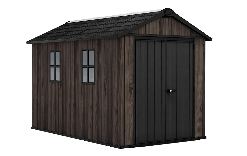 Keter Apex Gerätehaus 7,5x11, Kunststoff Geräteschuppen Mit Oberlicht Und Belüftung, Abschließbar, Wetterfest, Rosenholz Optik