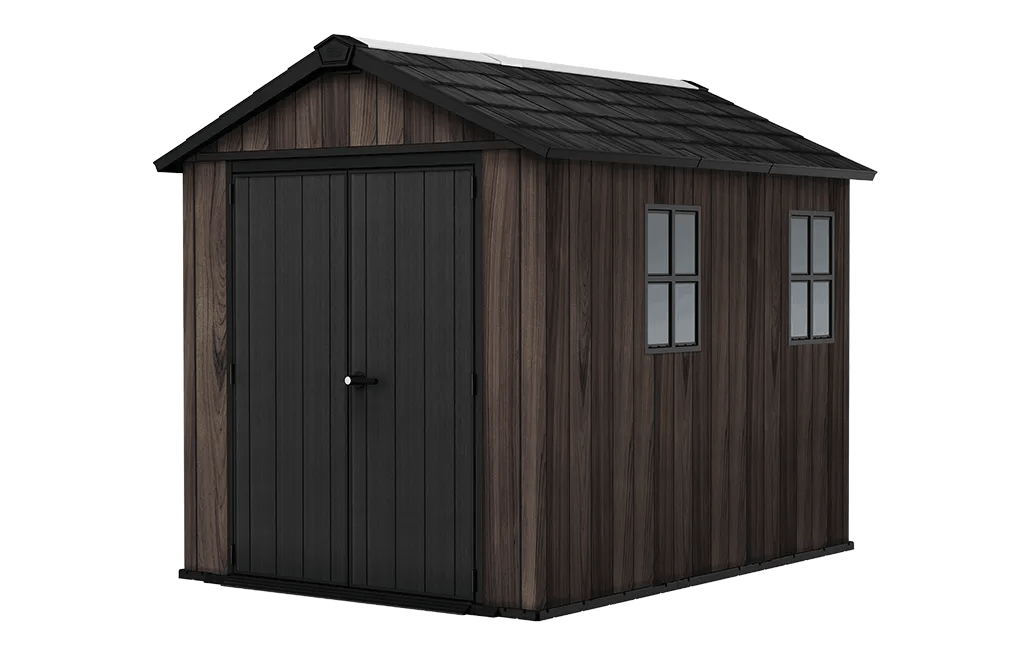 Keter Apex Gerätehaus 7,5x9, Kunststoff Geräteschuppen Mit Oberlicht Und Belüftung, Abschließbar, Wetterfest, Rosenholz Optik