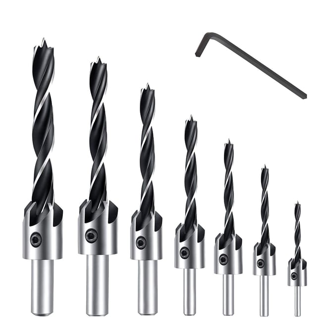7-teiliges Hss-bohrerset Mit 5 Schneiden Für Holzschrauben, Senker Und Anfasbohrer Für Schrauben Verschiedener Längen (3–6 Mm) Durch Einfaches Lösen Und Festziehen