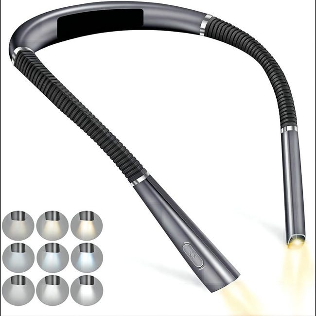 Wiederaufladbare Nackenleseleuchte – Led-leseleuchte – 3 Farben – 9 Helligkeitsstufen – Klappbarer Lampenarm – Grau