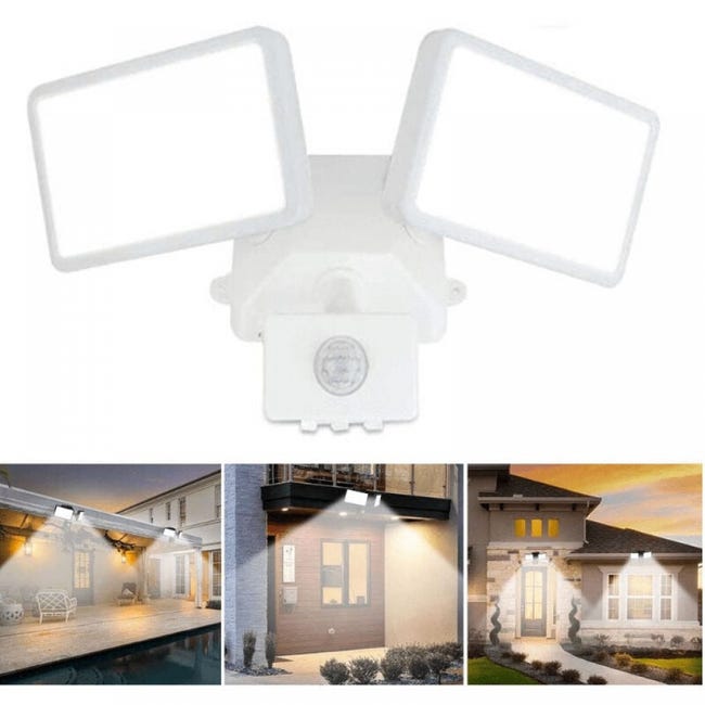 Led-flutlicht Mit Einstellbarem Bewegungsmelder, Zwei Led-köpfen, Schutzart Ip65 (wasserdicht), Tageslichtweiß, Für Park, Garage Und Eingangsbereich, Weiß