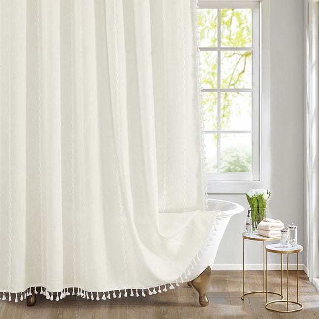 Moderner Und Rustikaler Duschvorhang Im Bohème-stil Mit Quasten, Leinenstoff, 90 X 180 Cm, Weiß