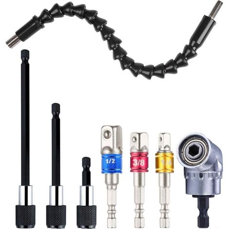 Aiducho Flexible Bohrverlängerung (1 Stück) + Winkelbohradapter (1 Stück) + Schlagschrauberbits (3 Stück) + Schraubendreherbithalter (3 Stück) – 1/4"-verlängerungsschaft