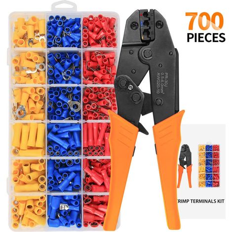 Aiducho Crimpzange, 700 Stück, Crimp-elektrokabelschuhe Awg20-10 (0,5–1,5 Mm²), (1,5–2,5 Mm²), (4–6 Mm²), Elektrikerzange, Werkzeug Für Elektrokabelschuhe