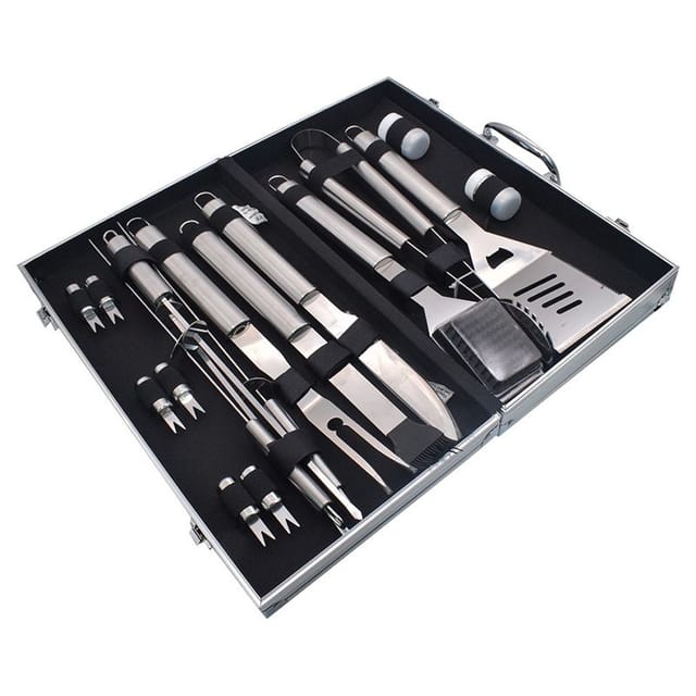 18-teiliges Grillbesteck, Grillzubehör Aus Edelstahl Im Aluminiumkoffer – Komplettes Grillset – Ideales Vatertagsgeschenk Für Männer
