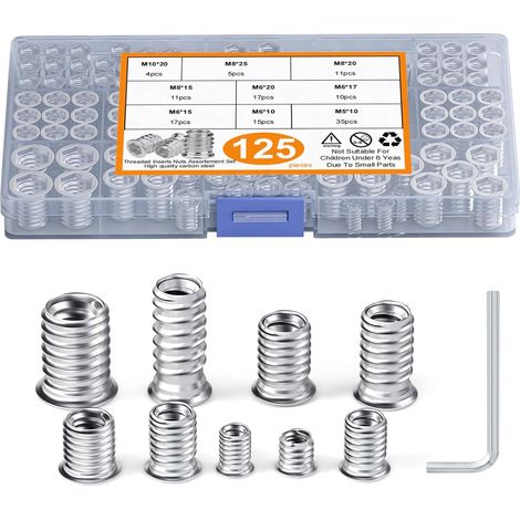 Aiducho Packung Mit 125 Gewindeeinsätzen M5, M6, M8, M10, 9 Verschiedene Gewindeeinsätze, Sechskantmuttern, Nietmuttern Für Holzmöbel, Ruthex-kohlenstoffstahl