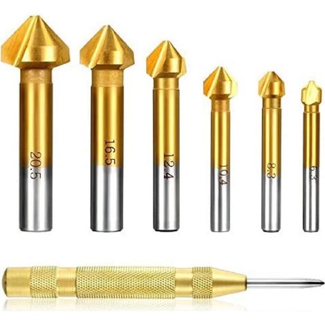 Aiducho Satz Mit 6 90°-fräsern, Hss-fräsersatz, Titanbeschichtet, Ø 6,3-20,5 Mm, Fräser Mit 1 Packung Messing-körner Für Automatische Zentrierbohrer (konischer Fräsersatz + 1 Körner)