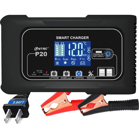 12v/24v 20a Autobatterieladegerät, Intelligentes Schnellladegerät Für Auto- Und Motorradbatterien, Desulfator-wartung Für Lithium-, Lifepo4- Und Blei-säure-batterien (agm, Efb, Gel, Mf, Vrla)