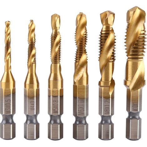 Aiducho 6-teiliges Hss-bohrerset, 1/4"-sechskantschaft-kombinationsbohrerset, Metrisches Gewinde M3-m10, Titan-hss-bohrer- Und Gewindebohrerset Für Holz, Eisen, Aluminium, Silber