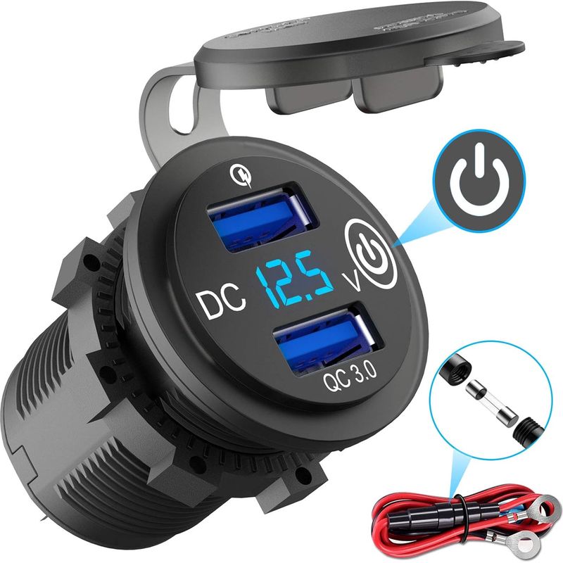 Schnellladefähige 3.0-usb-kfz-steckdose Mit Schalter, 12-v-kfz-ladegerät Mit Integriertem Usb-stecker, Wasserdichte Steckdose Mit Blauer Led-voltmeter-spannungsanzeige Für Motorrad, Boot, Lkw, Wohnwag