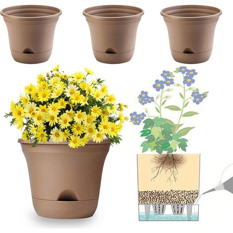 20 Cm Selbstbewässernder Blumentopf, Langzeit-pflanztopf Mit Wasserspeicher, Tiefem Reservoir, Zimmerpflanzentopf Für Die Heimdekoration – Braun, 4er-set