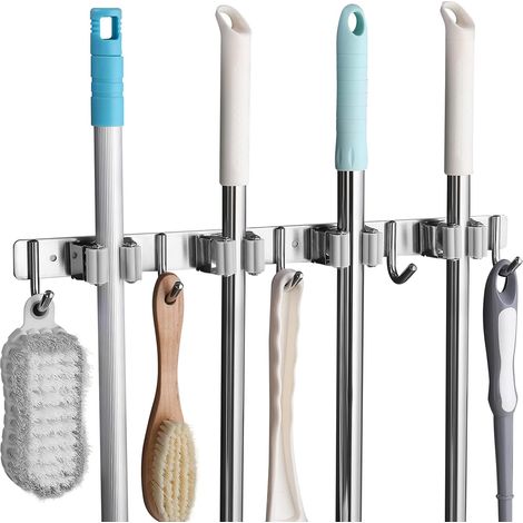 Aiducho Wandmontierter Besenhalter Aus Edelstahl Mit 4 Schlitzen Und 5 Haken Für Küche, Bad, Garage Und Garten, Grau