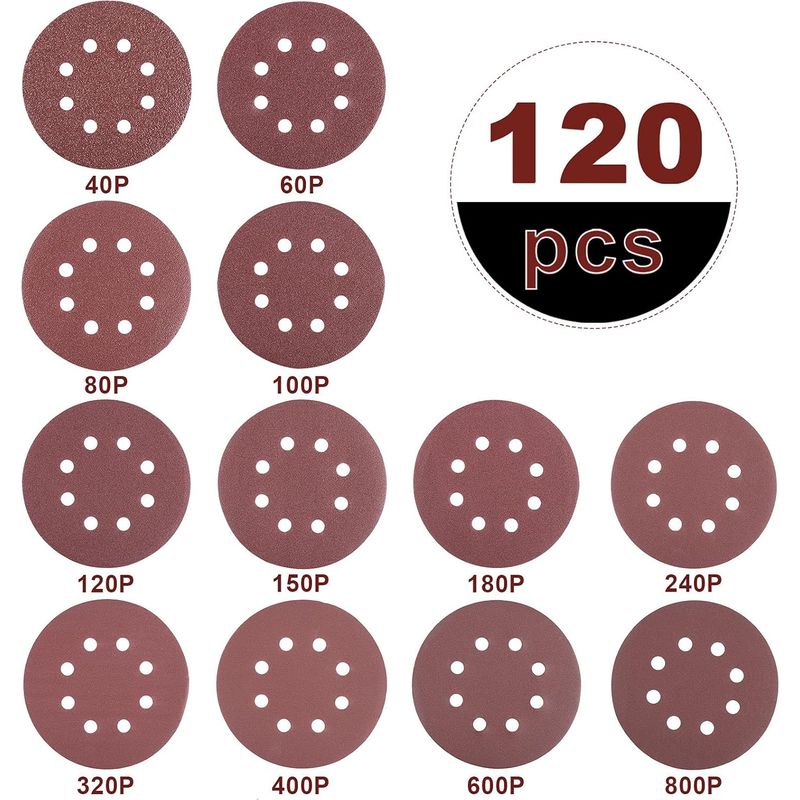 Packung Mit 120 Schleifscheiben (125 Mm) – Körnungen 40/60/80/100/120/150/180/240/320/400/600/800 – 8 Löcher Zum Schleifen Und Polieren Von Holz Und Metall