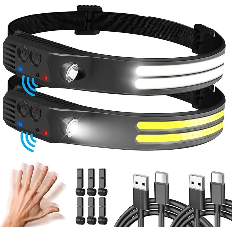 Extrem Leistungsstarke Led-stirnlampe, 2er-pack, 230° Weitwinkel-stirnlampe Mit 6 Leuchtmodi, 2 Led-weißlicht-sensor-stirnlampen, Wasserdicht, Für Joggen, Angeln, Laufen [klasse
