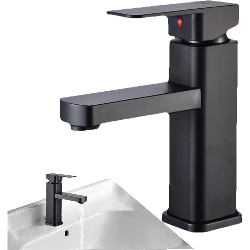 Einloch-waschtischarmatur Mit Quadratischem Abfluss – Robuste Edelstahl-badarmatur Mit Mattschwarzem Keramikkern Für Bad Und Küche, Inklusive 60 Cm Schlauch