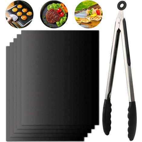 Grillmatten, 5er-set Grillmatten 40x33cm Antihaftbeschichtung Und Wiederverwendbare Grillmatten Für Gas-, Holzkohle- Und Elektrogrills (+1 Grillzange)