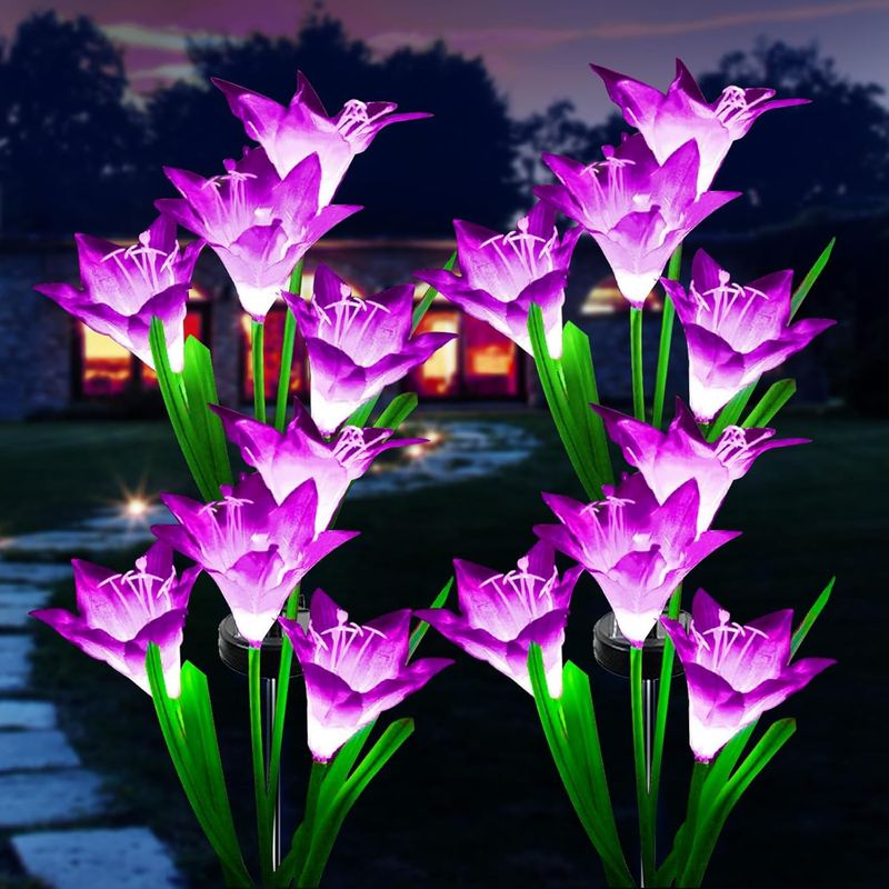 Solarleuchten Für Den Außenbereich, 4er-set Led-lilienblüten Mit 7 Wechselnden Farben – Für Garten, Terrasse, Hof, Einfahrt, Party, Hochzeitszaun – Lila