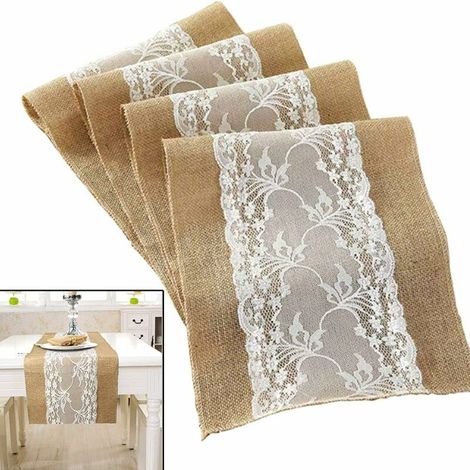 Aiducho Rustikaler Vintage-tischläufer, Weiße Jute-tischdecke, Jute-tischläufer Mit Spitze, Weihnachts- Und Winterdekoration Für Hochzeiten, Feste Und Partys
