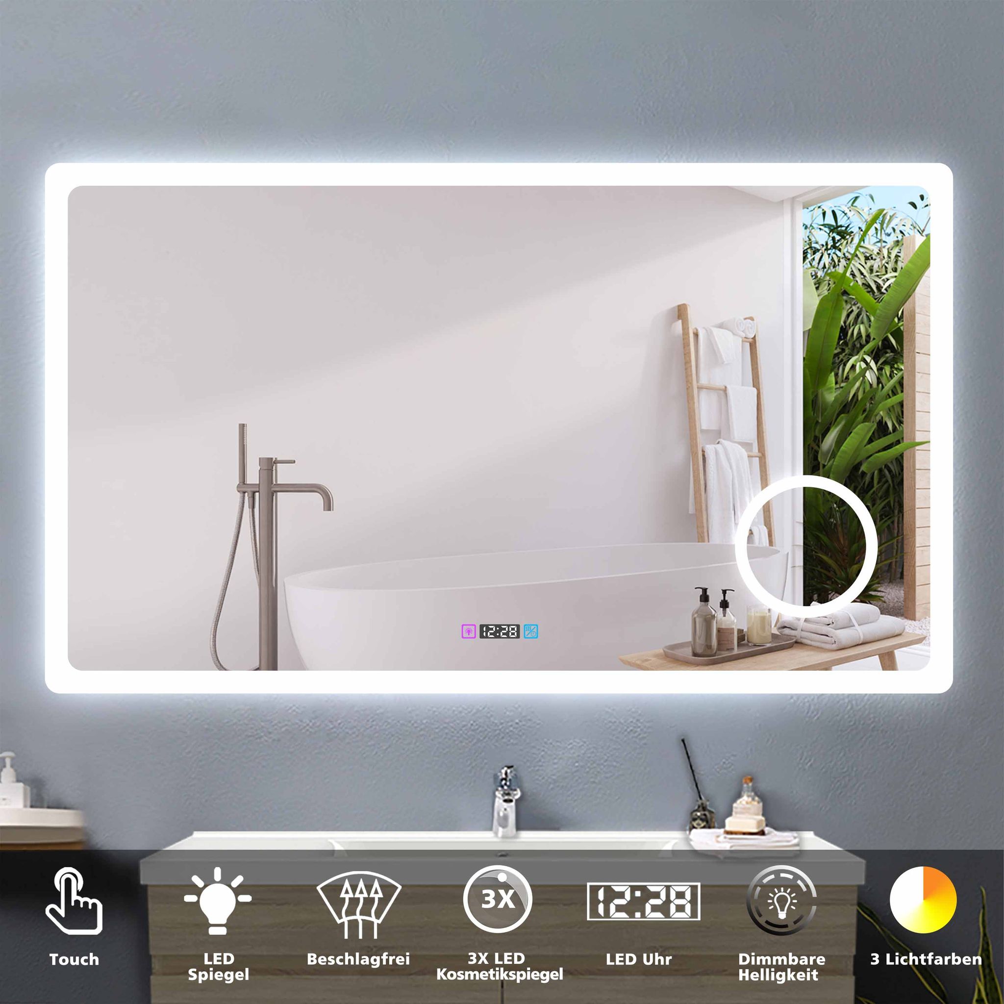 Badspiegel Mit Beleuchtung Badezimmerspiegel Wandspiegel Anti-beschlag Wasserdicht Wandmontagespiegel Lichtspiegel 120 X 70 Cm Beschlagfrei+uhr+3 Lichtfarben Dimmbar+kosmetikspiegel+memory Funktion
