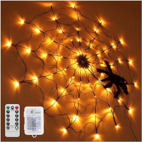 Pa Aiperq Halloween-dekoration: Leuchtendes Spinnennetz, 70 Orangefarbene Leds Mit Schwarzer Spinne, Fernbedienung Für Partys, Garten, Bars Und Spukhäuser