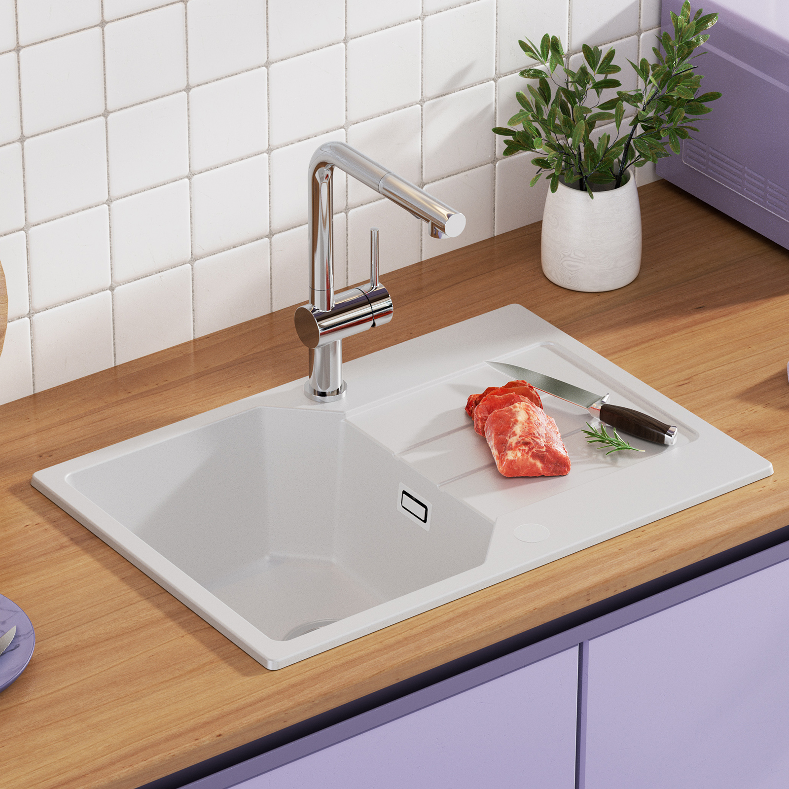 Anycee Max Granitspüle 65 X 45 Cm Küchenspüle Granit, Mit Abtropffläche & Geräuscharmen Eigenschaften, Weiß