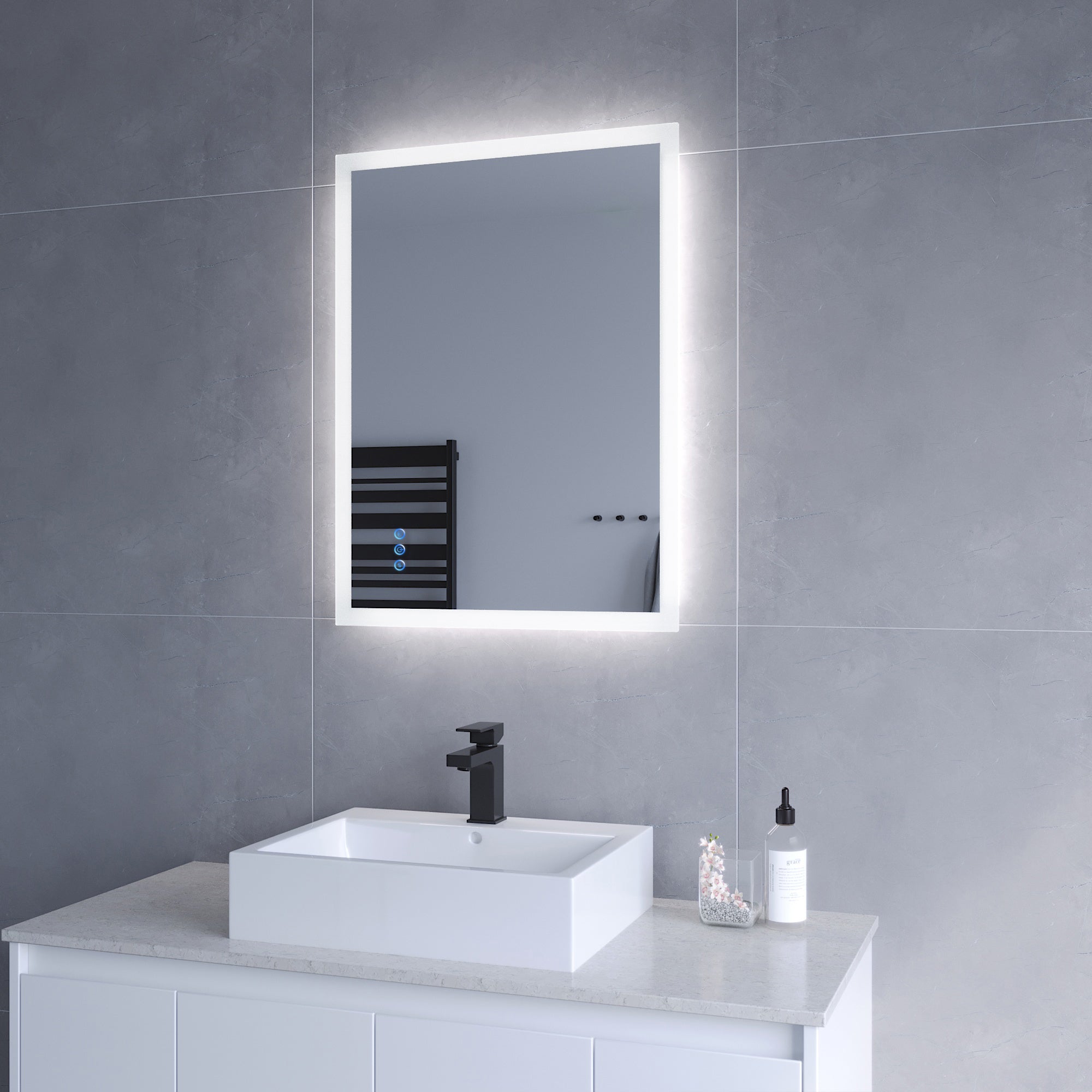 Beleuchteter Badspiegel Led Wandspiegel 80x60cm Echos Typ C Touch Sensor Dimmbar Spiegelheizung Kaltweiß 6400k Warmweiß 3000k Aquabatos