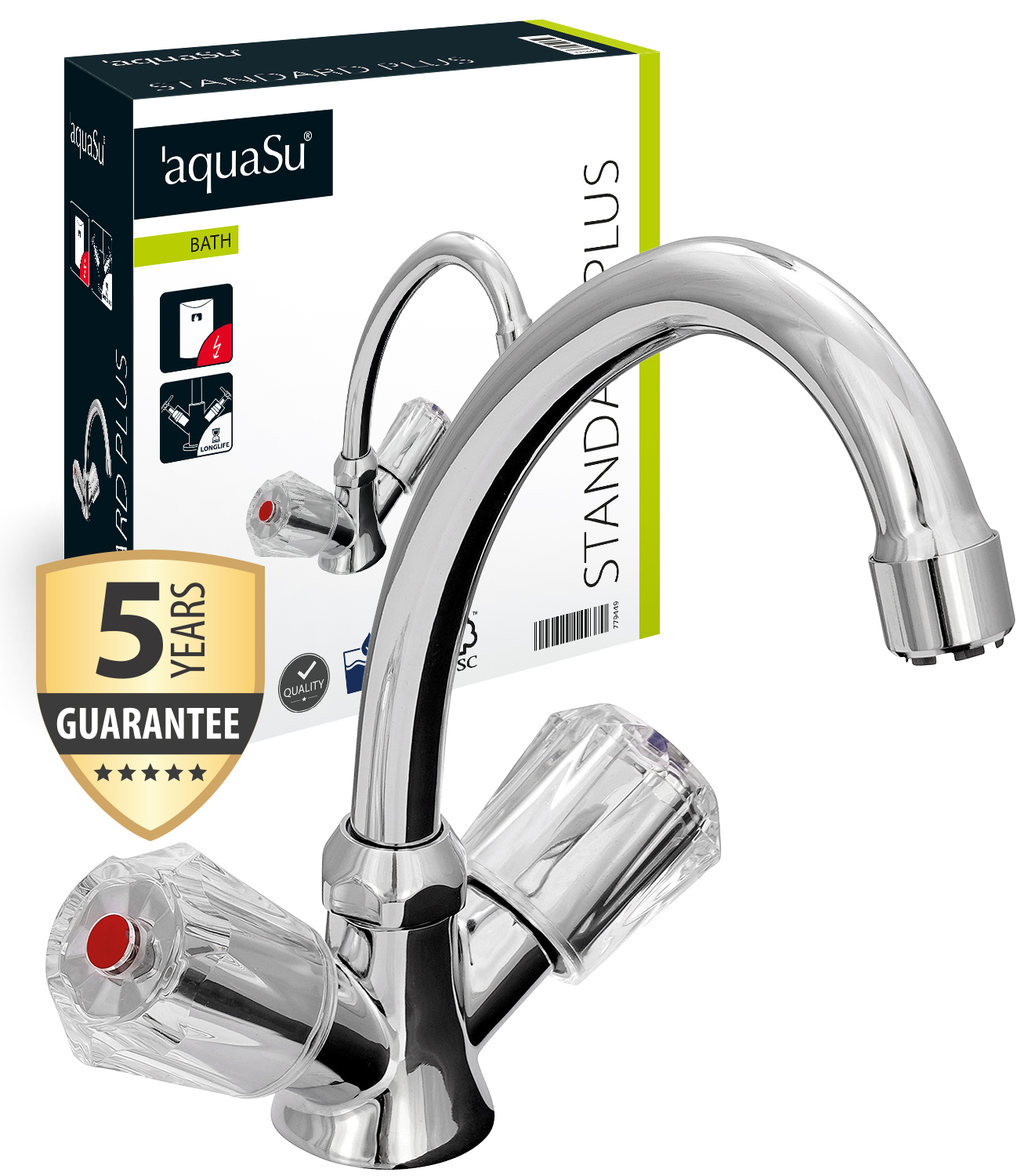 Aquasu® Zweigriffmischer Standard Plus Für Waschtisch | Niederdruck | Chrom | Wasserhahn