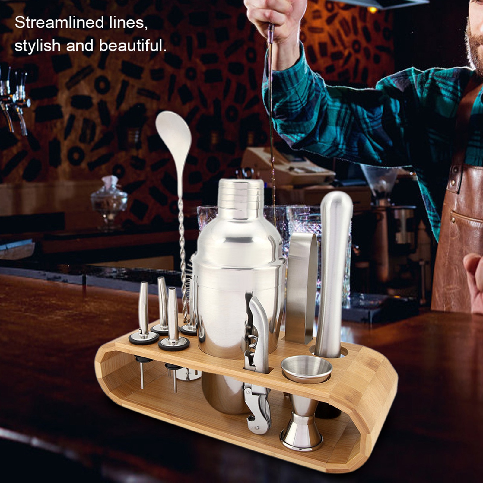 11-teiliges Cocktailshaker-set Aus Edelstahl Mit Holzsockel