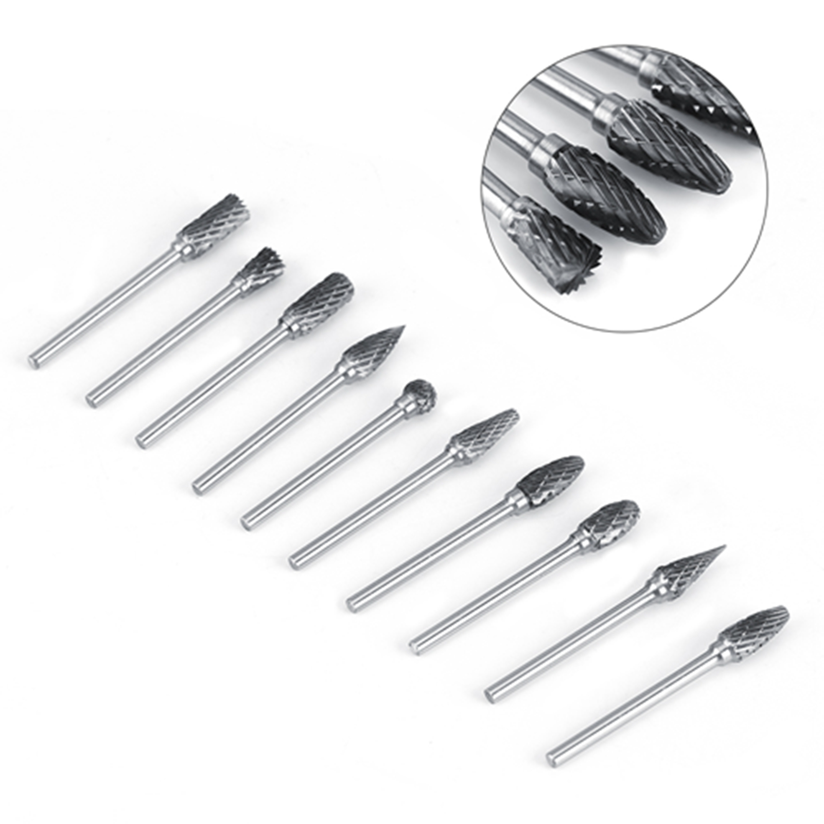 10-teiliges Set Rotierender Feilen Aus Wolframkarbidstahl, 3 Mm Schaft, 6 Mm Schneiddurchmesser, Doppelschnitt
