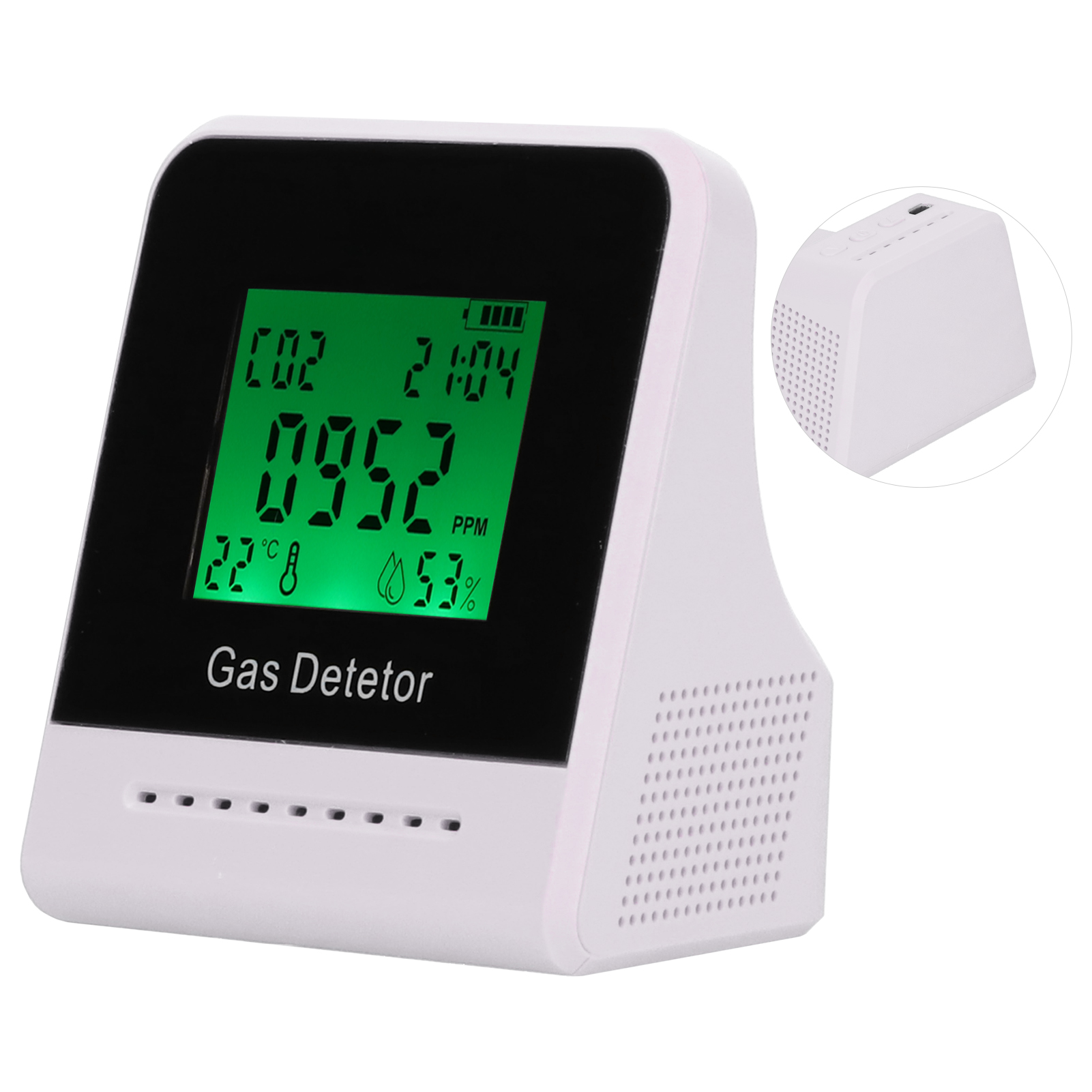 400-5000 Ppm Luftqualitätsdetektor Co Temperatur- Und Feuchtigkeitsmonitor Mit Uhr Und Usb-ladefunktion (weiß)