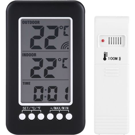 Digitales Lcd-thermometer Für Innen Und Außen Mit Uhr, Temperaturanzeige Und Drahtlosem Sender