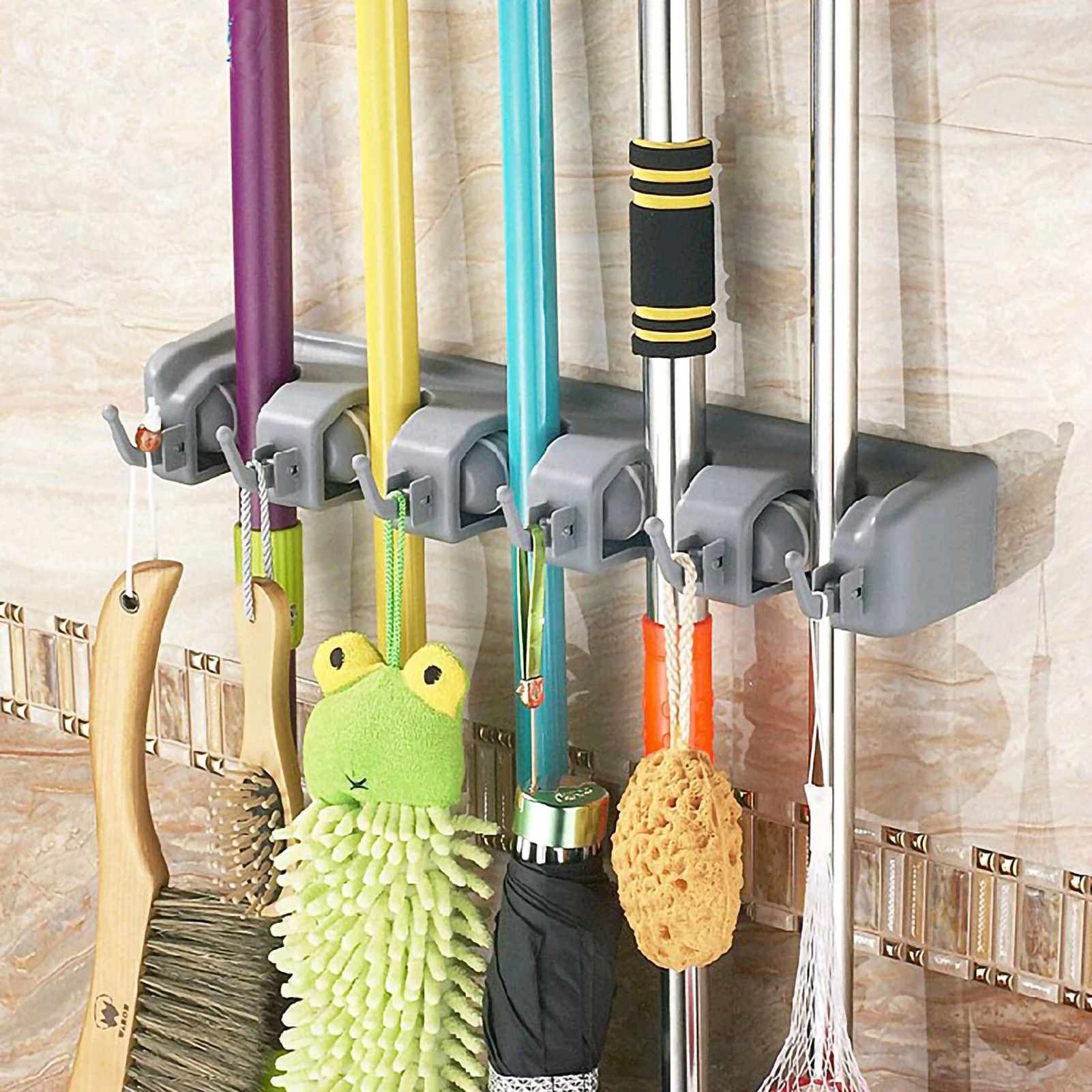 Besenhalter, Bürsten- Und Mopp-organizer, Wandhalterung Zur Aufbewahrung (5 Positionen Und 6 Haken)
