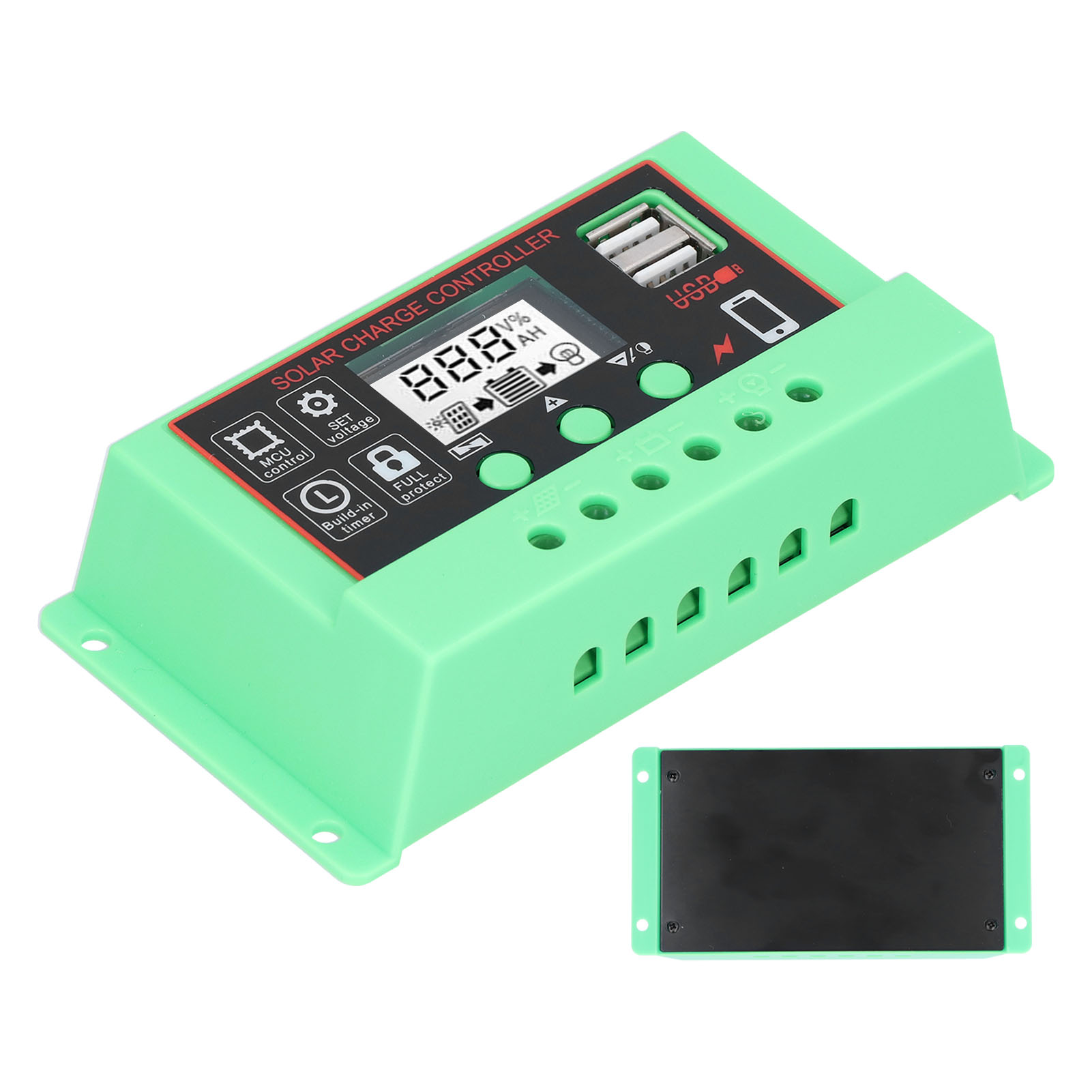 Solarladeregler 12v/24v, Lcd-display, Usb-anschluss, Überlastschutz, Grünes Gehäuse, Schwarze Oberfläche