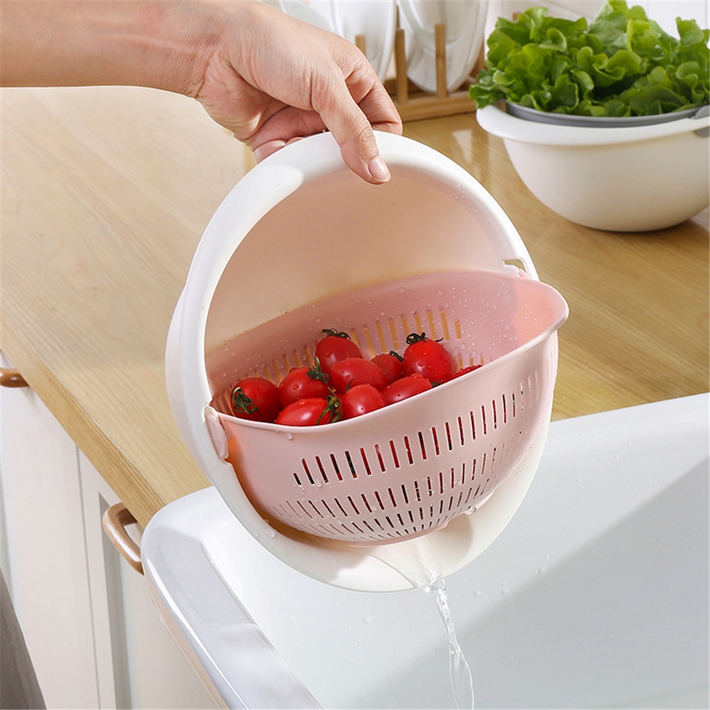 Doppellagiger Abtropfkorb, Obst- Und Gemüsewaschsieb, Küchenhelfer (rosa)