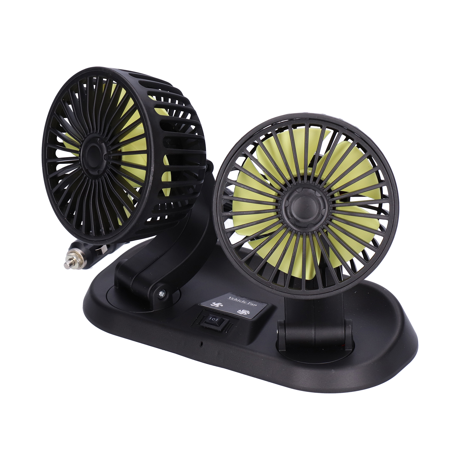 Elektrischer Autolüfter, 360° Drehbar, Doppelkopf, 5 Flügel, 2 Geschwindigkeiten, Kühlventilator Für Autos (12 V (gelbe Lüfterflügel))