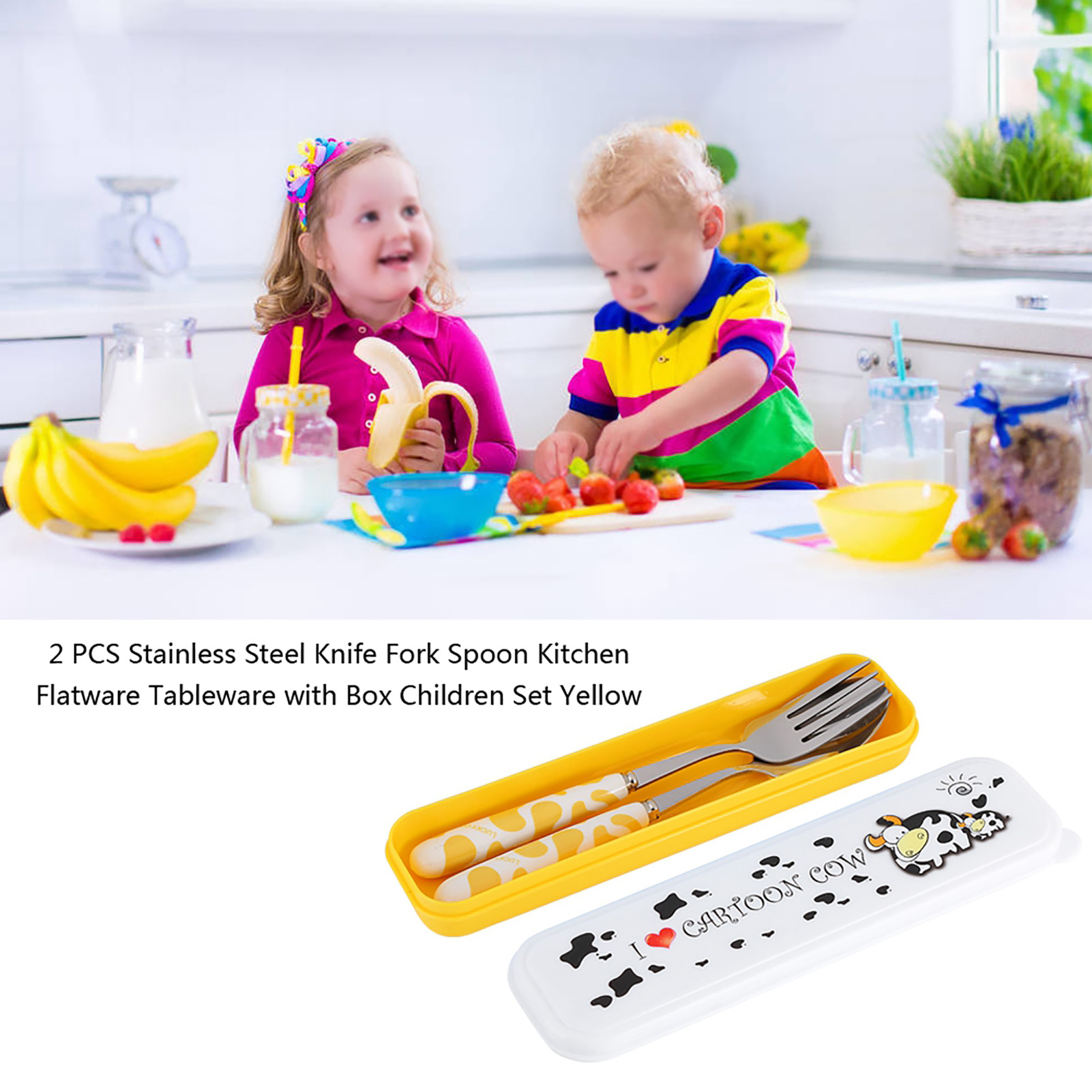 2-teiliges Küchenbesteck-set Aus Edelstahl (messer, Gabel, Löffel) Mit Box, Gelb, Für Kinder