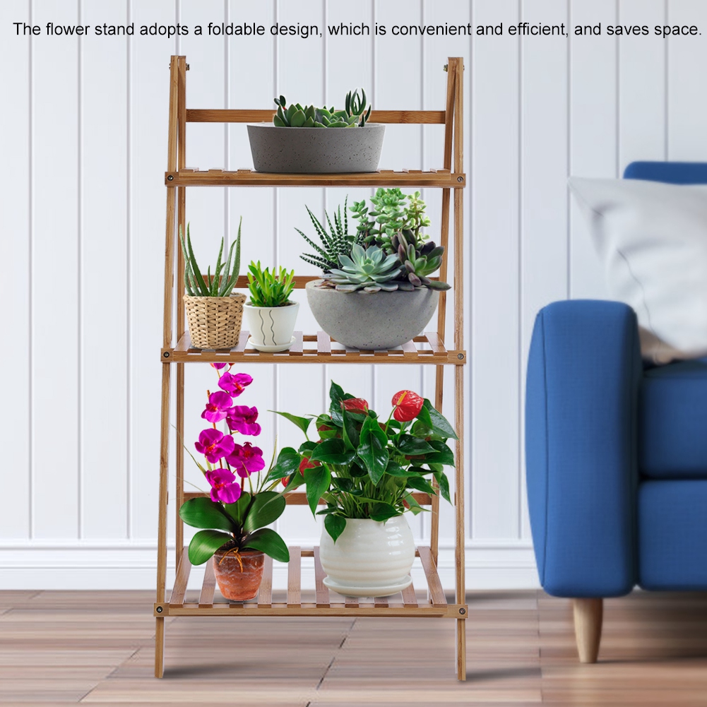 3-stöckiges Bambus-aufbewahrungsregal Für Balkon, Faltbarer Blumentopfständer, Pflanzenregal (holzfarbe)