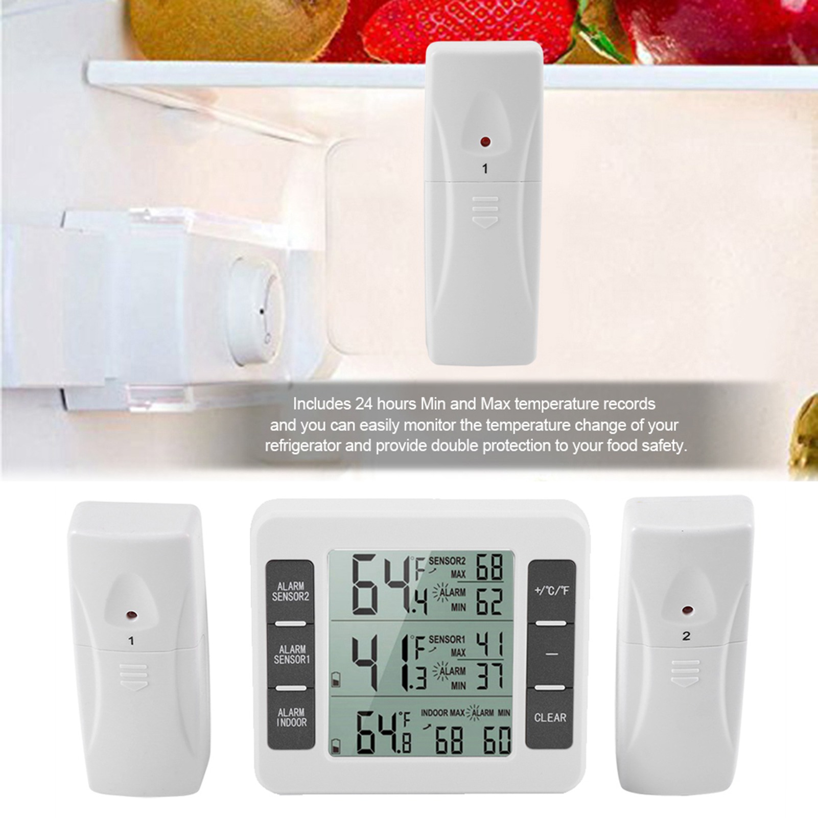 Kabelloses Digitales Kühlschrankthermometer Mit Akustischem Alarm, 2 Sensoren Und Min/max-anzeige