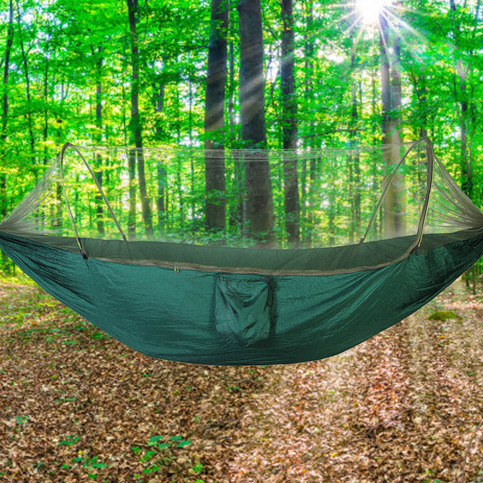 Tragbare Hängematte Für Camping Und Reisen (einzel-/doppelbett) Mit Moskitonetz (dunkelgrün)