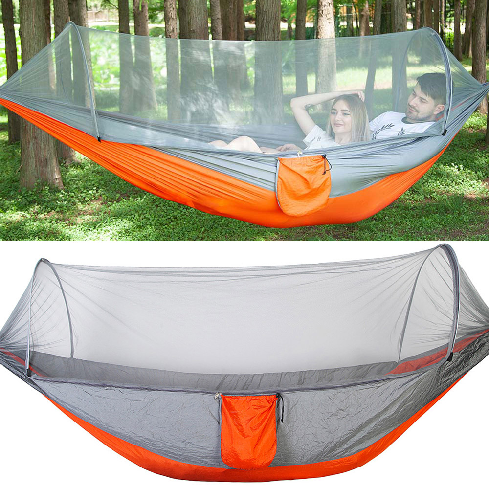 Tragbare Doppel-camping-reisehängematte Mit Moskitonetz (grau-orange)
