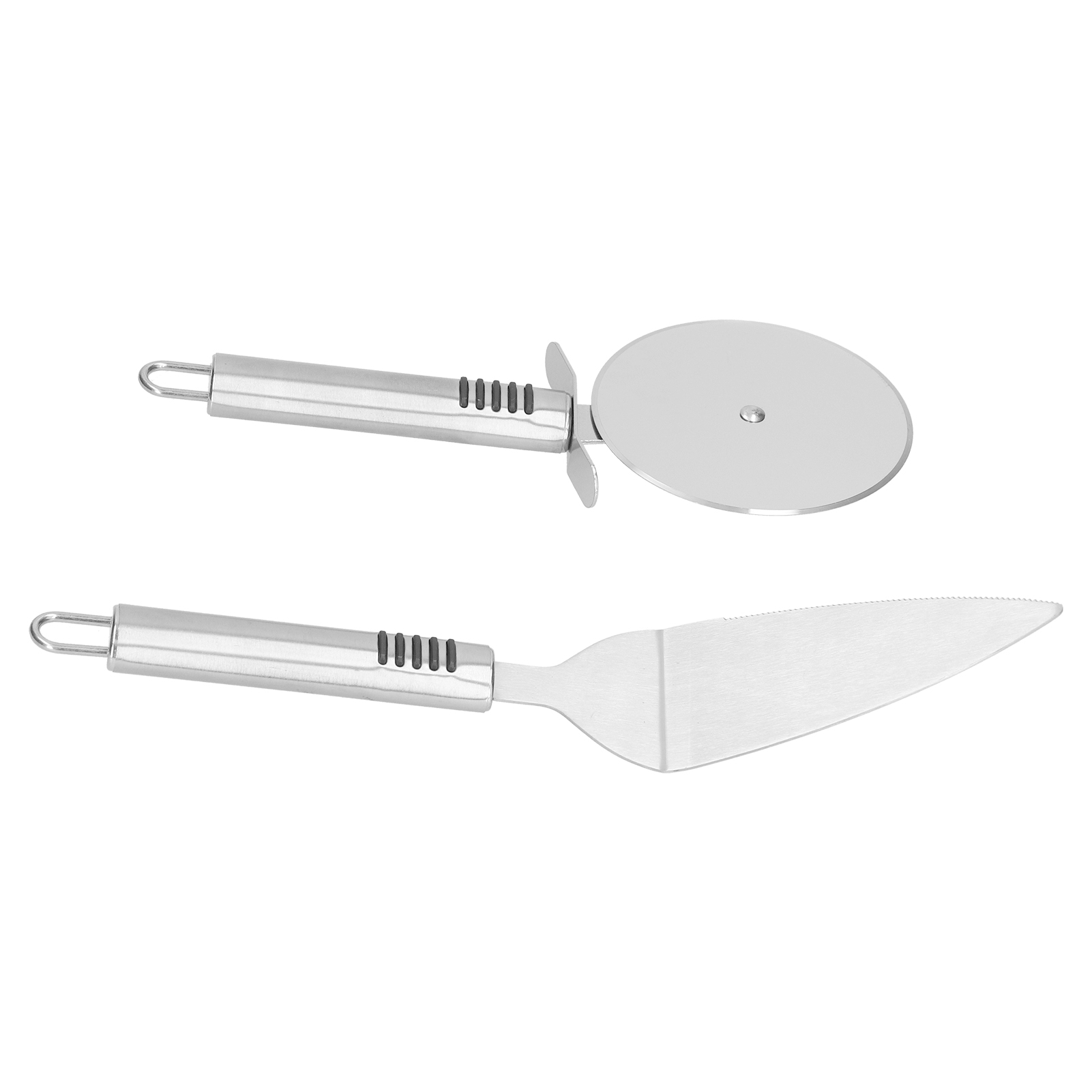 Pizzaschneider, 2-teilig, Edelstahlklinge, Poliert, Ergonomischer Griff, Schaufelform, Rollender Schnitt
