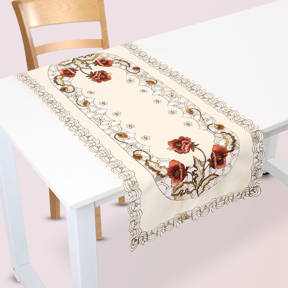 Tischläufer Mit Rotem Blumenmuster, Durchbrochen Bestickt, Rechteckig