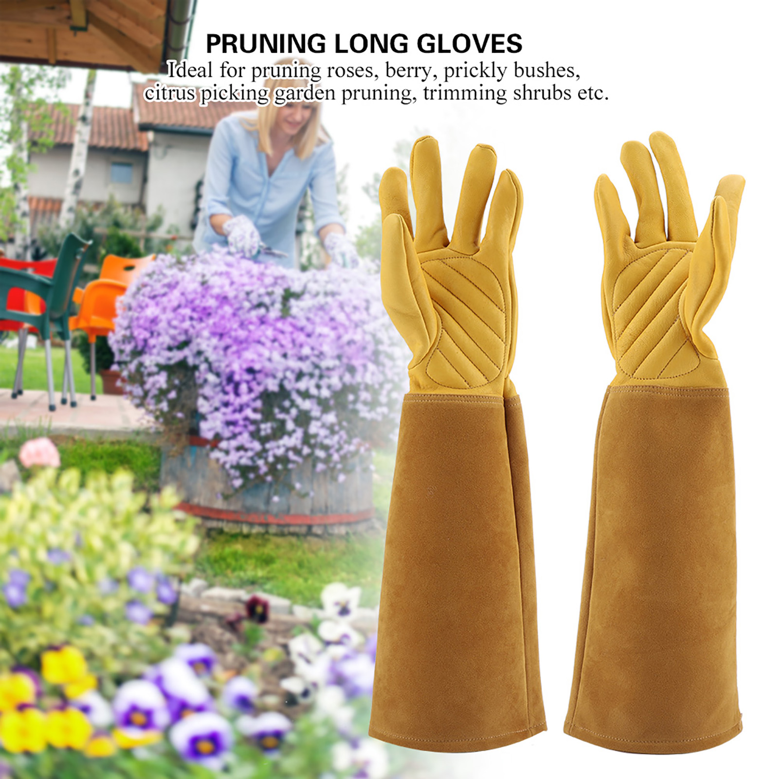Rosenschnitt-gartenhandschuhe Aus Leder, Verschleißfest, Durchstichfest, Lange Arbeitshandschuhe (gelb, Größe M)