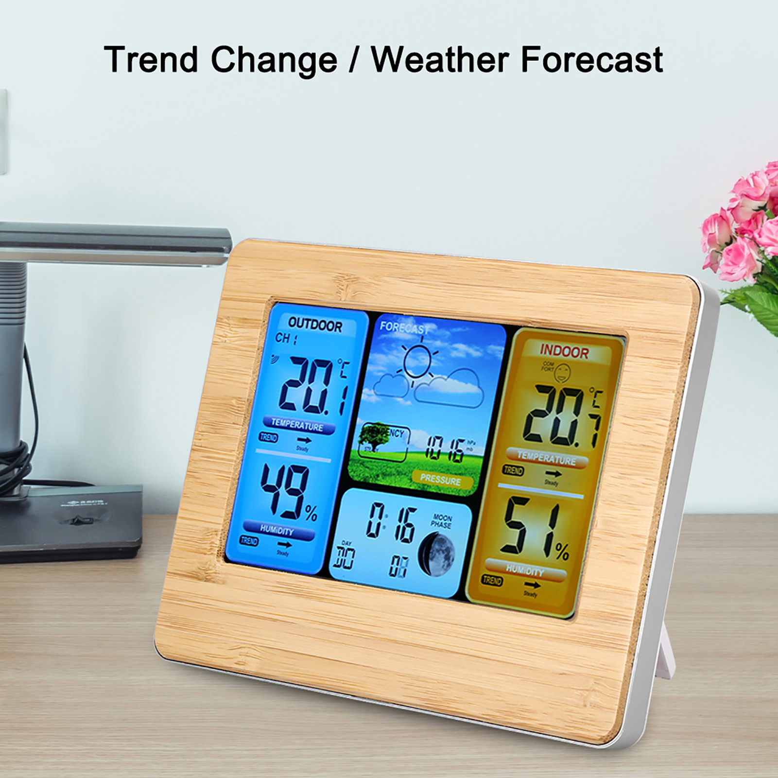 Digitale Lcd-wetterstation Mit Funkfunktion, Uhr, Thermometer, Innen- Und Außenluftfeuchtigkeitsanzeige (gelb)