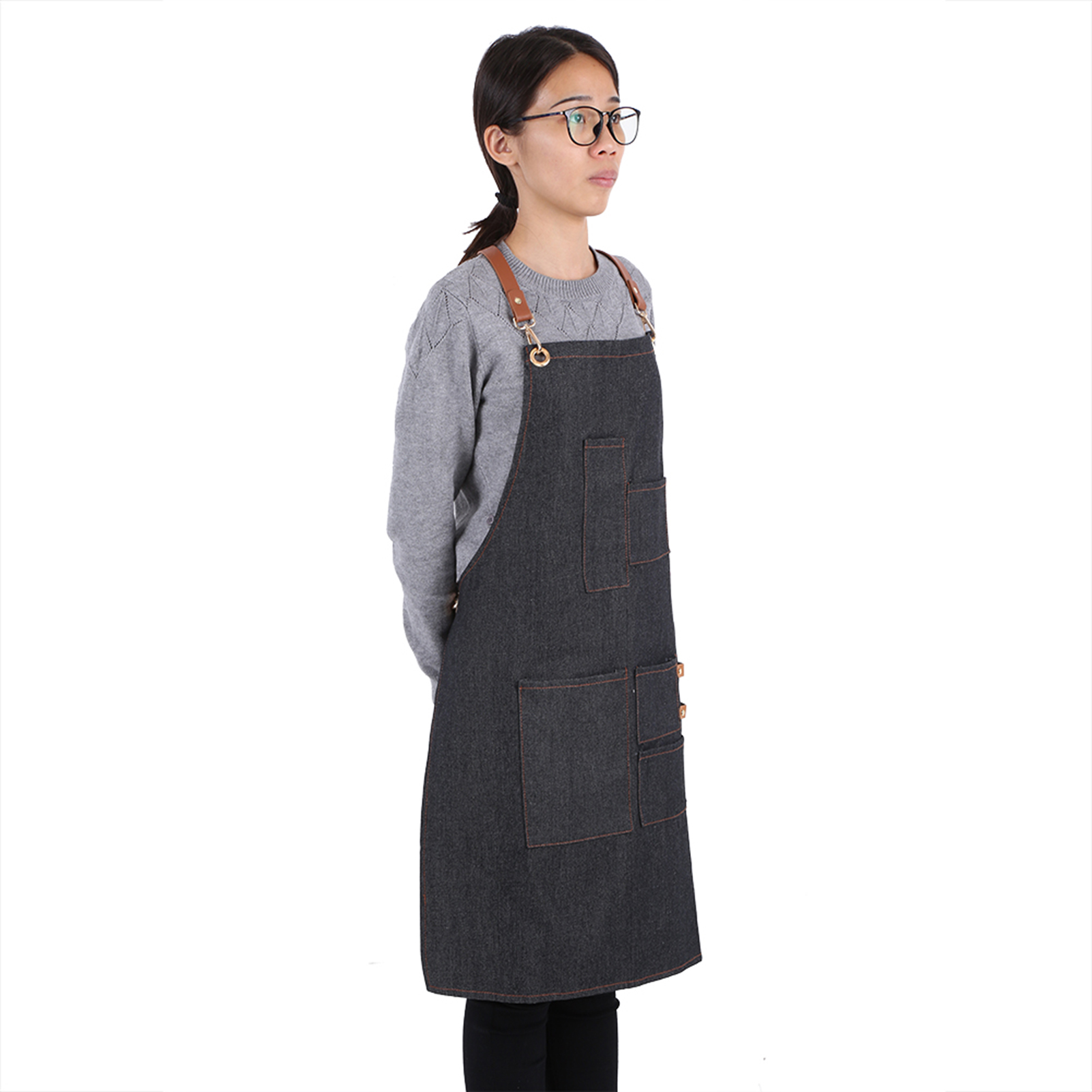 Latzschürze Aus Denim Mit Lederriemen, Bäckerschürze, Barkeeperschürze, Grillschürze, Kochuniform A