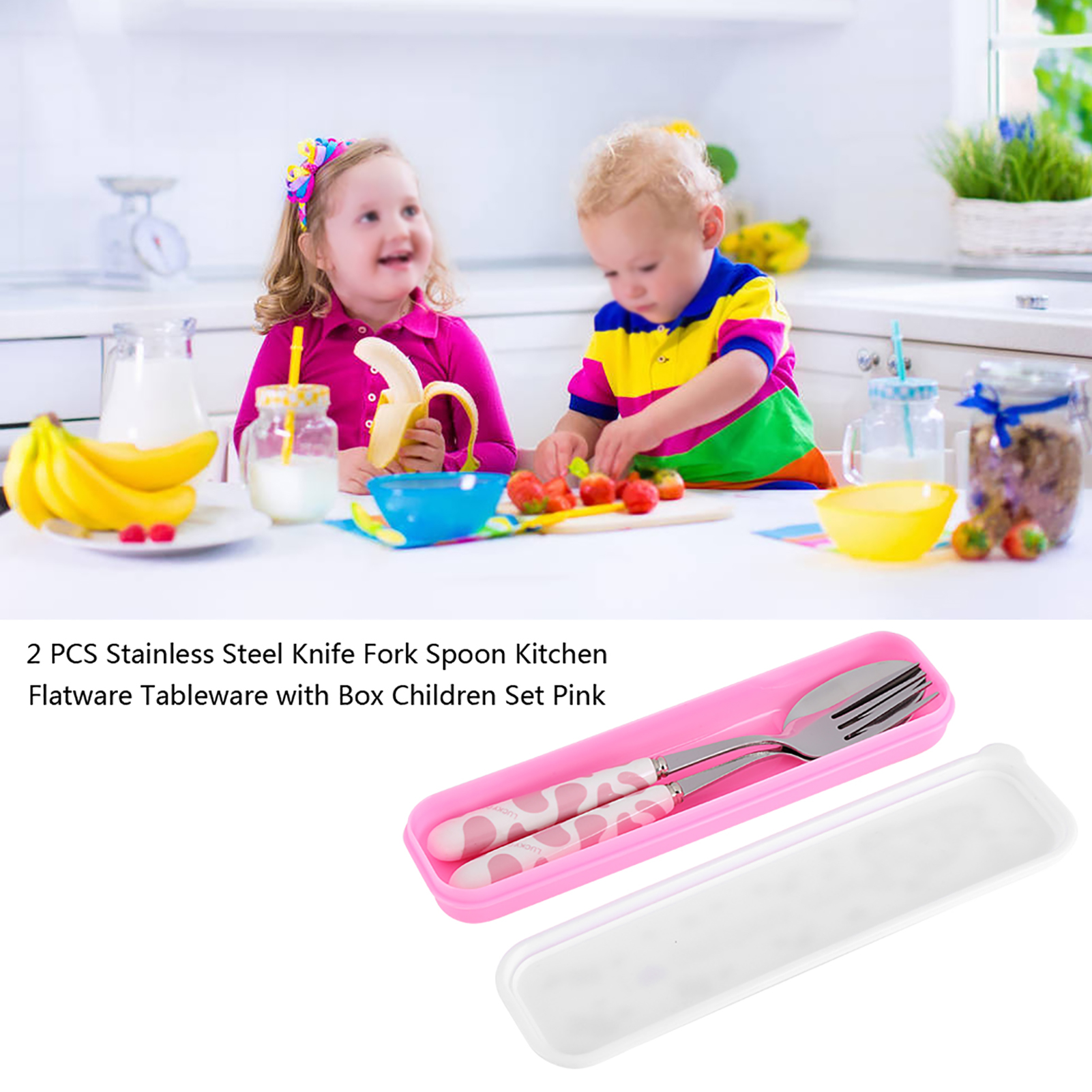 2-teiliges Küchenbesteck-set Aus Edelstahl (messer, Gabel, Löffel) Mit Box, Rosa, Für Kinder