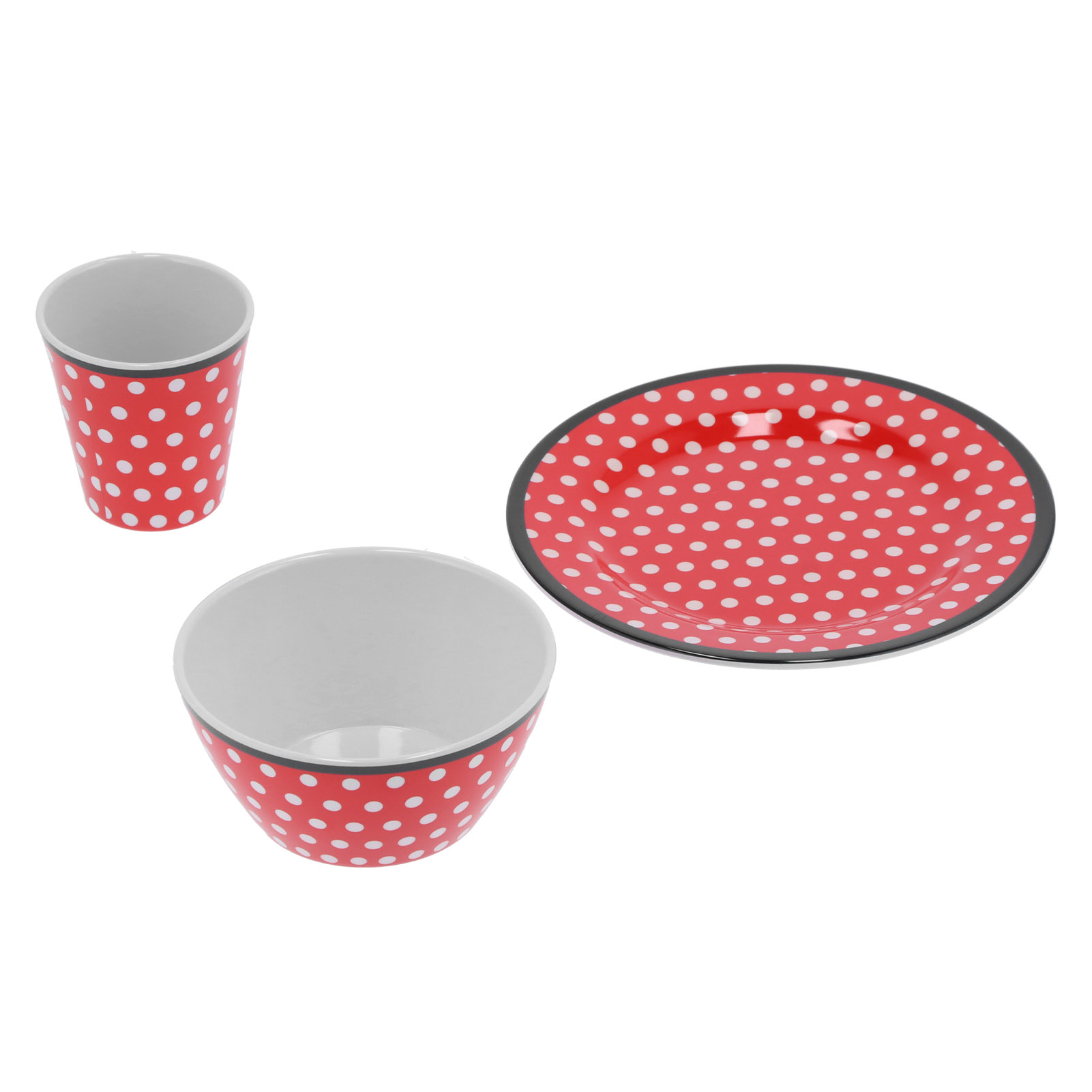 Obstteller-, Schüssel- Und Becher-set Mit Rotem Punktmuster, Geschirrset, Küchenaccessoire