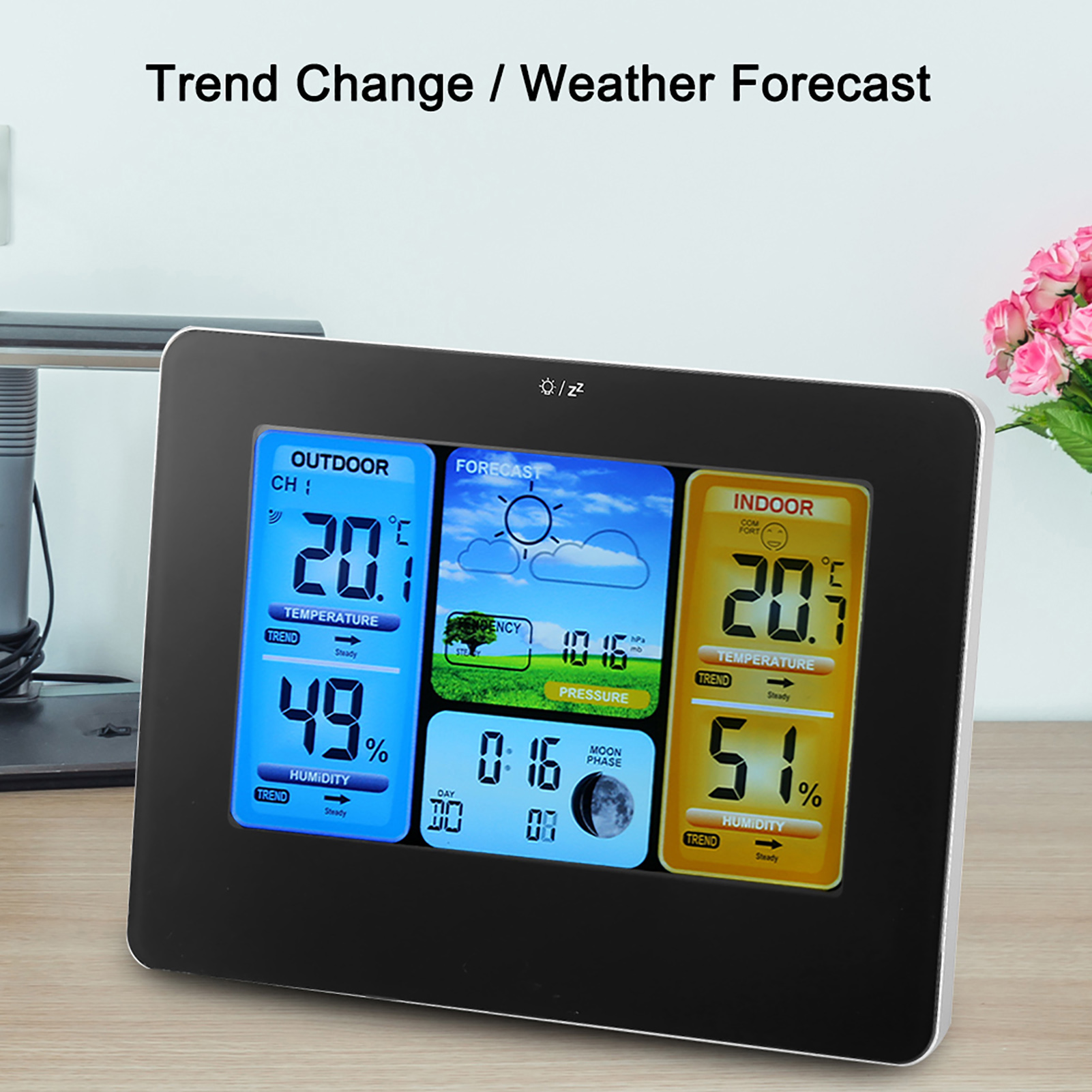 Digitale Lcd-wetterstation Mit Uhr, Thermometer, Luftfeuchtigkeitsanzeige Für Innen Und Außen (schwarz)