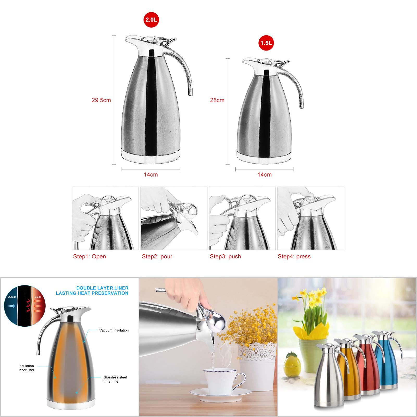 Edelstahl-kaffeekanne, Doppelwandig, Vakuumisoliert, Thermoskanne, Wärmflasche, 2 L, Silber